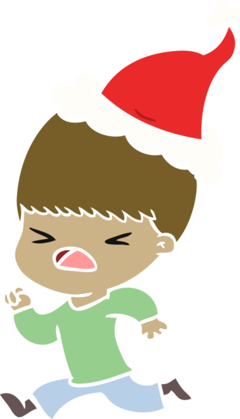 Bir insan tarafından çizilmiş Noel Baba şapkası giyen stresli bir adamın el çizimi düz renk çizimi.