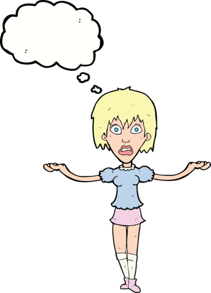 Bir insan tarafından çizilmiş düşünce baloncuğuyla omuz silken çizgi film kadını.