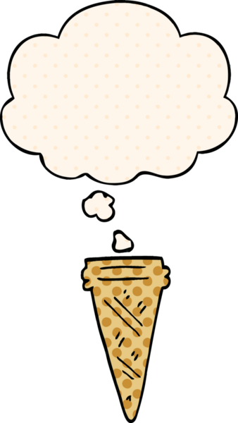 Çizgi roman tarzında bir insan tarafından çizilmiş düşünce balonlu dondurma külahı.