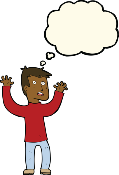 Bir insan tarafından çizilmiş düşünce baloncuğuyla dehşete düşmüş bir adam.
