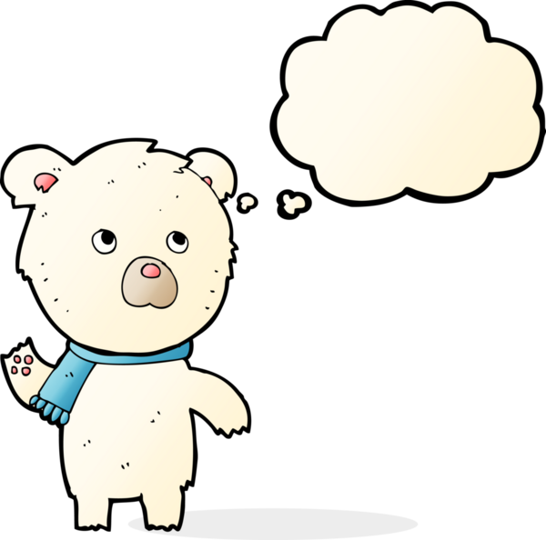 Bir insan tarafından çizilmiş düşünce baloncuklu şirin kutup ayısı.