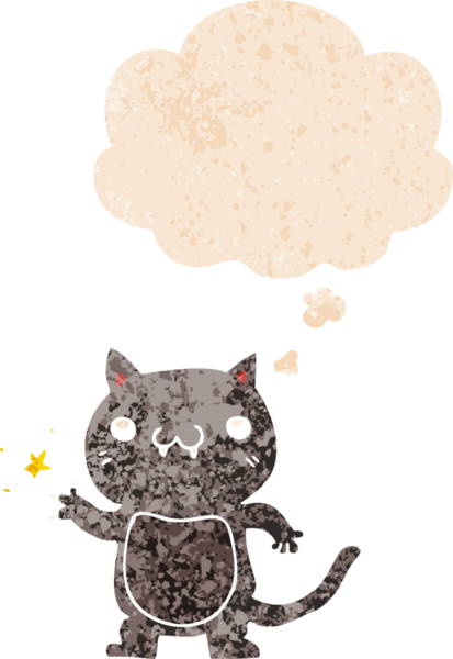 Düşünce baloncuğuyla kaşınan çizgi film kedisi grunge sıkıntılı retro desenli bir insan tarafından çizilmiş