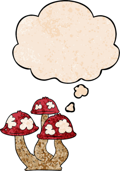 Bir insan tarafından çizilmiş grunge desenli düşünce baloncuklu mantarlar.