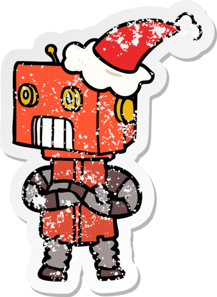 Bir insan tarafından çizilmiş Noel Baba şapkası takan bir robotun çizilmiş el yazısı.