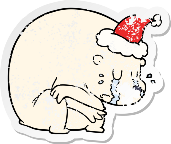 Ağlayan el, bir insan tarafından çizilmiş Noel Baba şapkası giymiş bir kutup ayısının üzgün çıkartması.