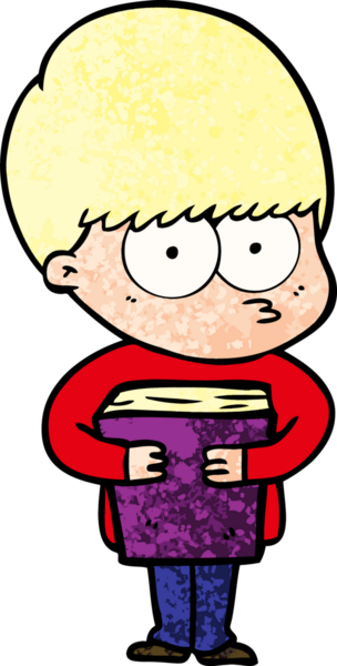 Sinirli çizgi film çocuğu elinde bir insan tarafından çizilmiş bir kitap tutuyor.