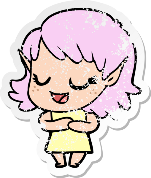 Bir insan tarafından çizilmiş mutlu bir elf kızının sıkıntılı çıkartması.