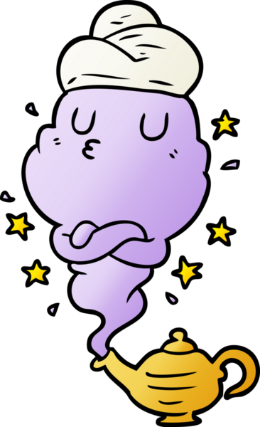 Bir insan tarafından çizilmiş lambadan yükselen sevimli çizgi film cini.