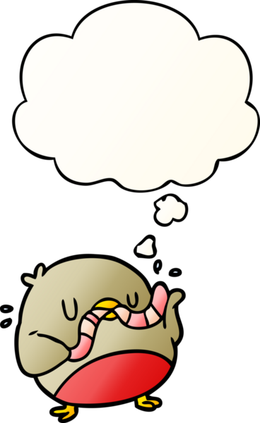 Düşünce baloncuklu solucanlı çizgi film Robin 'i bir insan tarafından çizilmiş yumuşak eğimli bir şekil.