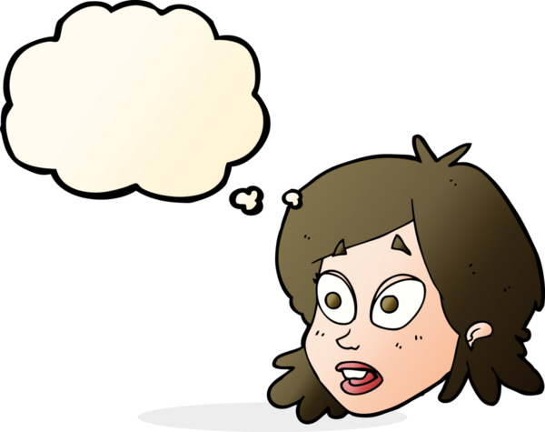 Bir insan tarafından çizilmiş düşünce baloncuğu ile şaşırmış kadın yüzü.