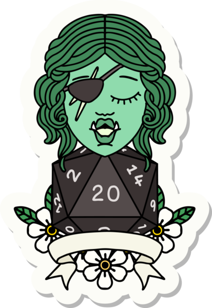 Bir insan tarafından çizilmiş 20 zarlı yarı ork haydut bir karakterin çıkartması.