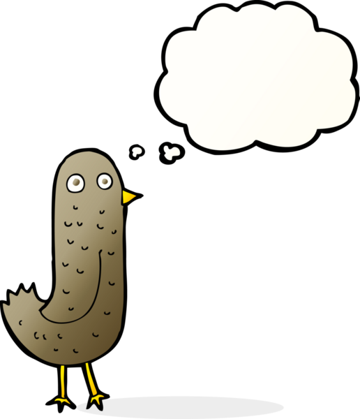 Bir insan tarafından çizilmiş düşünce baloncuklu komik çizgi film kuşu.