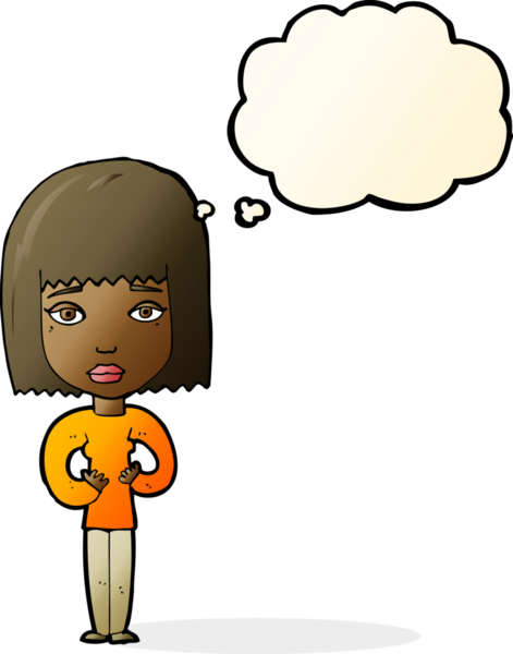 Bir insan tarafından çizilmiş düşünce baloncuğuyla kendini gösteren karikatür kadın.