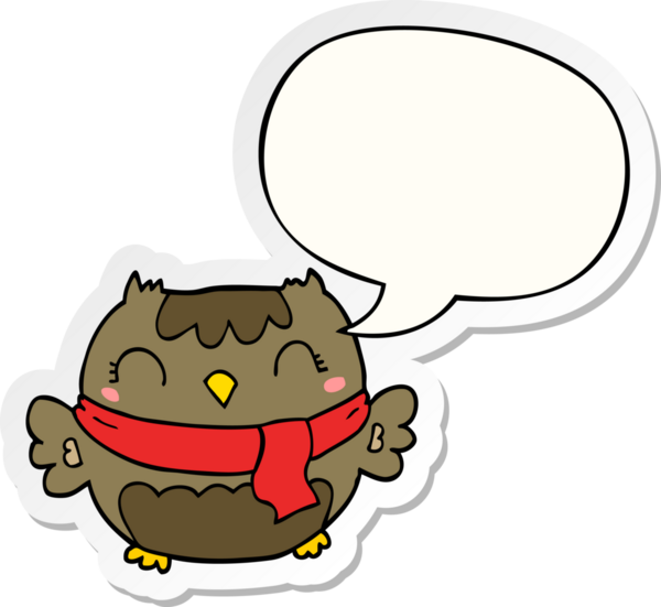 Bir insan tarafından çizilmiş konuşma kabarcığı çıkartmalı sevimli çizgi film baykuşu.