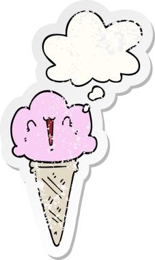 Yüzünde düşünce kabarcığı olan karikatür dondurması insan tarafından çizilmiş yıpranmış bir çıkartma gibi.