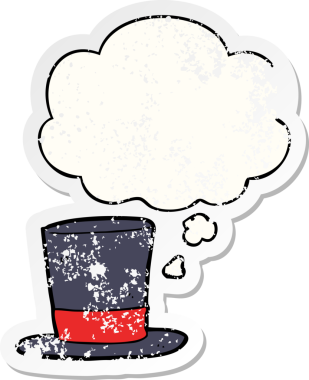 Düşünce baloncuklu çizgi film şapkası bir insan tarafından çizilmiş yıpranmış bir çıkartma.