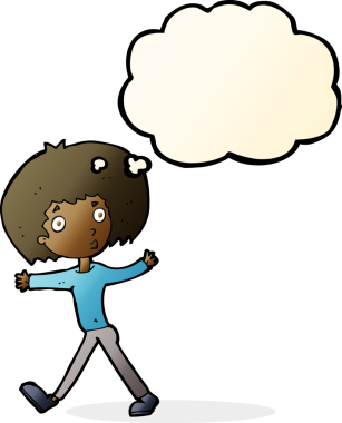 Bir insan tarafından çizilmiş düşünce baloncuğuyla yürüyen bir adam şaşırdı.