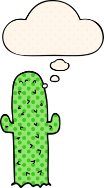 Çizgi roman tarzında bir insan tarafından çizilmiş düşünce baloncuklu çizgi film kaktüsü.