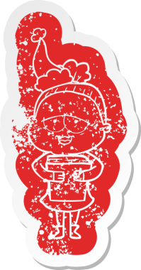 Bir insan tarafından çizilmiş Noel Baba şapkası takan mutlu yaşlı bir kadının garip karikatürü.