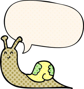 Bir insan tarafından çizilmiş çizgi roman tarzında konuşma balonu olan sevimli çizgi film salyangozu.