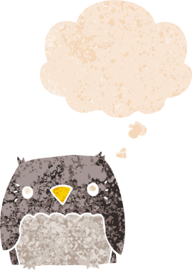 Bir insan tarafından çizilmiş grunge sıkıntılı retro biçimli düşünce baloncuğu ile sevimli çizgi film baykuşu