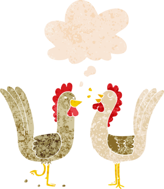 Düşünce baloncuğu olan çizgi film tavukları bir insan tarafından çizilmiş dertli retro tarzı