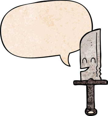 Konuşma baloncuğu olan çizgi film bıçağı insan tarafından çizilmiş.