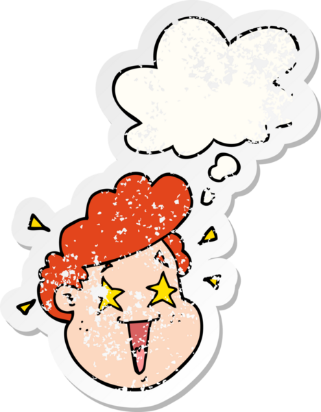 Düşünce baloncuklu çizgi film mutlu yüzü bir insan tarafından çizilmiş yıpranmış bir çıkartma gibi