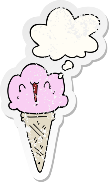 Yüzünde düşünce kabarcığı olan karikatür dondurması insan tarafından çizilmiş yıpranmış bir çıkartma gibi.