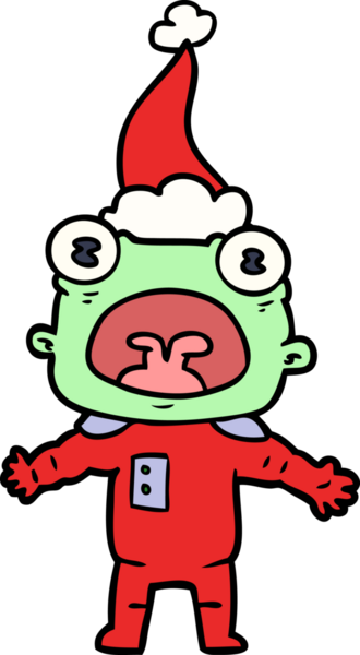 Bir insanın çizdiği Noel Baba şapkasıyla iletişim kuran garip bir uzaylının el çizimi.