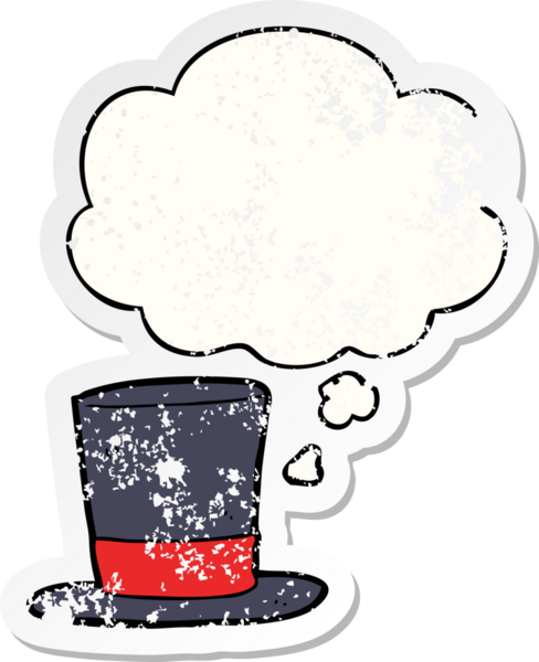 Düşünce baloncuklu çizgi film şapkası bir insan tarafından çizilmiş yıpranmış bir çıkartma.