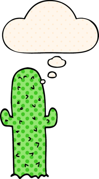 Çizgi roman tarzında bir insan tarafından çizilmiş düşünce baloncuklu çizgi film kaktüsü.