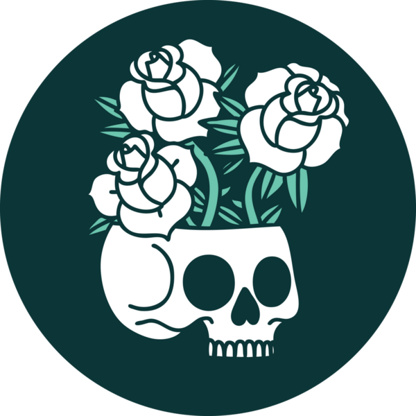 Bir insan tarafından çizilmiş kafatası ve güllerin ikonik dövme şekli