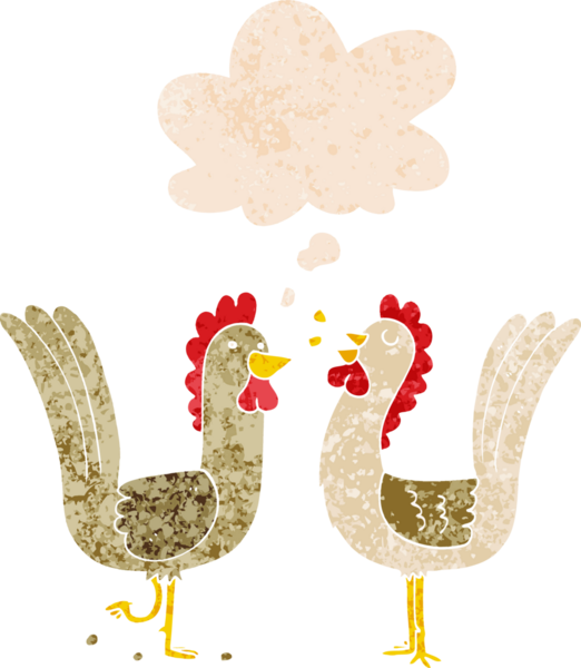 Düşünce baloncuğu olan çizgi film tavukları bir insan tarafından çizilmiş dertli retro tarzı