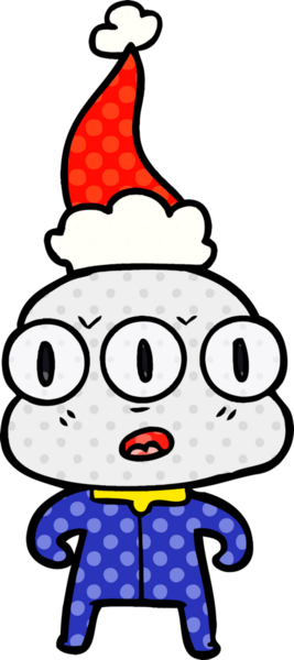 Bir insan tarafından çizilmiş Noel Baba şapkası giyen üç gözlü bir uzaylının el çizimi çizgi roman çizimi.