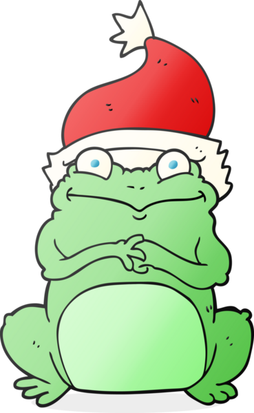 Bir insan tarafından çizilmiş Noel şapkası takan kurbağa çizimi.