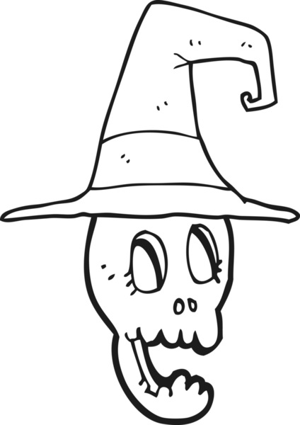 Bir insan tarafından çizilmiş siyah beyaz bir kafatası cadı şapkası takıyor.
