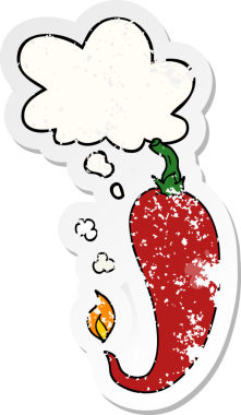 Düşünce baloncuklu kırmızı biber çizgi filmi bir insan tarafından çizilmiş yıpranmış bir çıkartma.