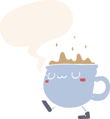 Bir insan tarafından çizilmiş eski tarz konuşma baloncuğuyla yürüyen çizgi film kahve fincanı.