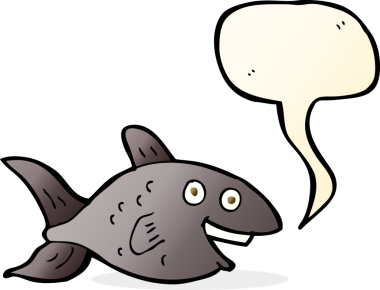 Bir insan tarafından çizilmiş konuşma balonlu çizgi film balığı.