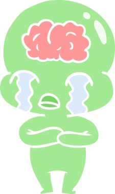 Düz renkli çizgi film. Bir insan tarafından çizilmiş büyük beyinli uzaylı ağlaması.