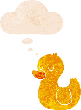 Düşünce baloncuğu ve grunge ile çizgi film ördeği bir insan tarafından çizilmiş sıkıntılı retro tarzı