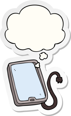 İnsan tarafından çizilmiş bir çıkartma olarak düşünce baloncuklu çizgi film bilgisayar tableti