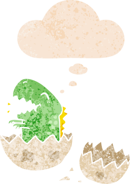 Düşünce baloncuğuyla yumurtadan çıkan çizgi film dinozoru bir insan tarafından çizilmiş dertli retro stili.