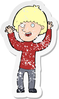 Bir insan tarafından çizilmiş mutlu çocuk çizgi filminin kederli retro yapıştırması.