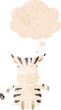 grunge 'da düşünce baloncuğu olan karikatür zebrası bir insan tarafından çizilmiş tedirgin geçmiş dokular.