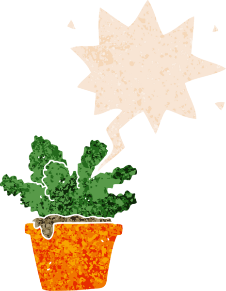 Bir insan tarafından çizilmiş grunge dertli retro desenli konuşma baloncuklu çizgi film bitkisi.