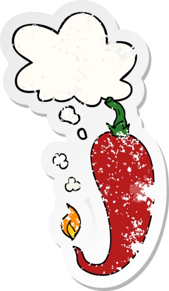 Düşünce baloncuklu kırmızı biber çizgi filmi bir insan tarafından çizilmiş yıpranmış bir çıkartma.