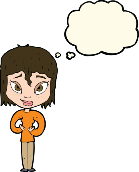 Bir insan tarafından çizilen düşünce baloncuğuyla tatmin olmuş bir kadın.