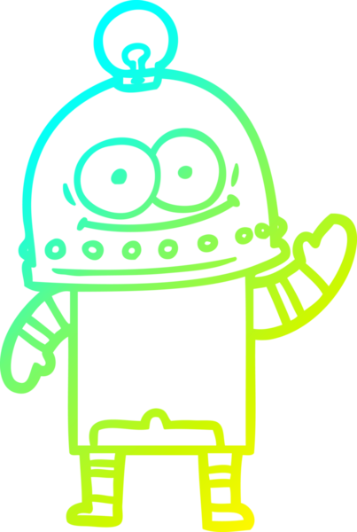 Bir insan tarafından çizilmiş ampullü mutlu bir robot çizimi.